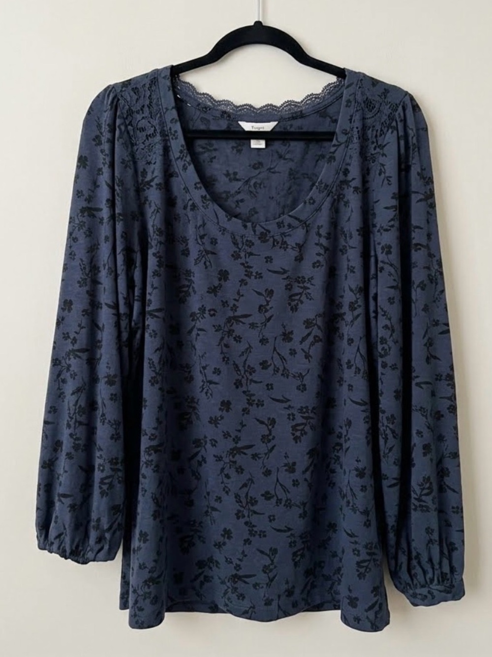 Tangerine Slate Blue Floral Lace-Trim Long Sleeve Blouse
